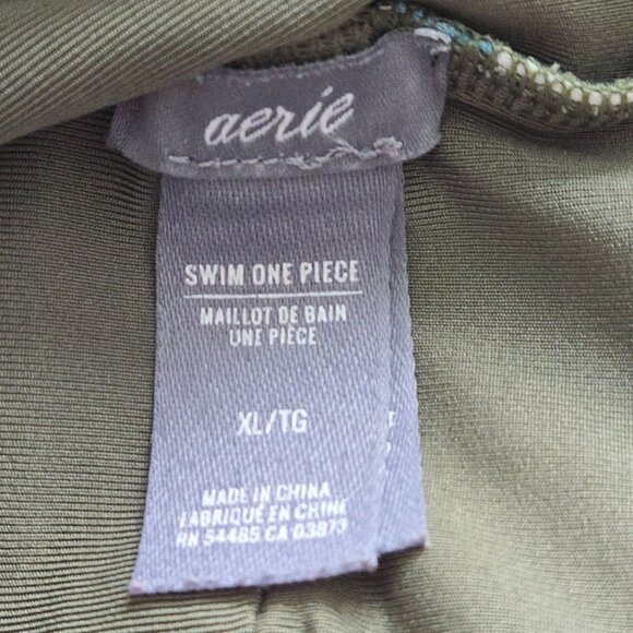 Aerie One Piece Swim Suit XL Green White Stripe Palm Tree Drawstring Close - Picture 3 of 4